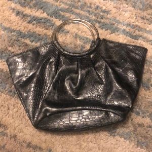 Vintage faux crocodile leather purse.  Silver with silver handles. Very clean